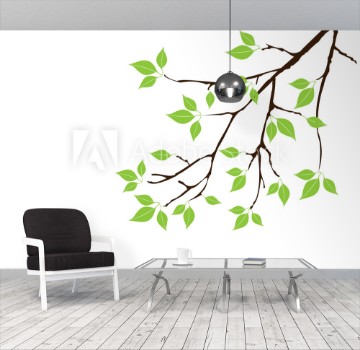 Picture of vector tree branch with green leaves